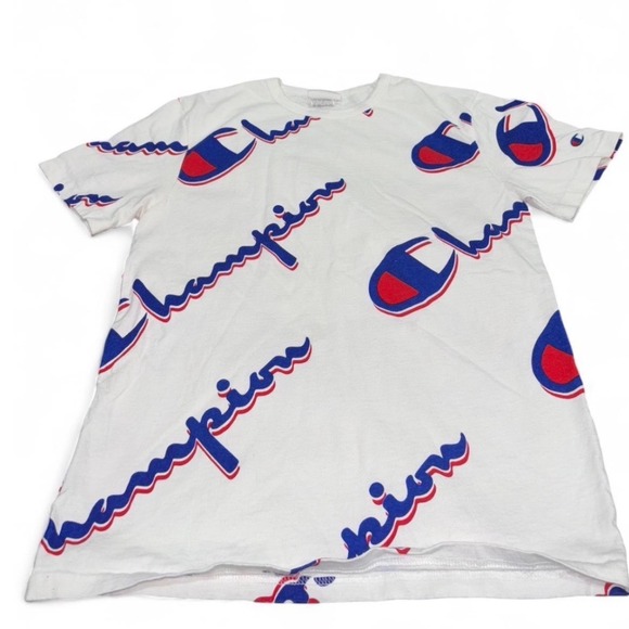 Champion All Over Logo Script Print T Shirt White Blue Red Small - Picture 1 of 7